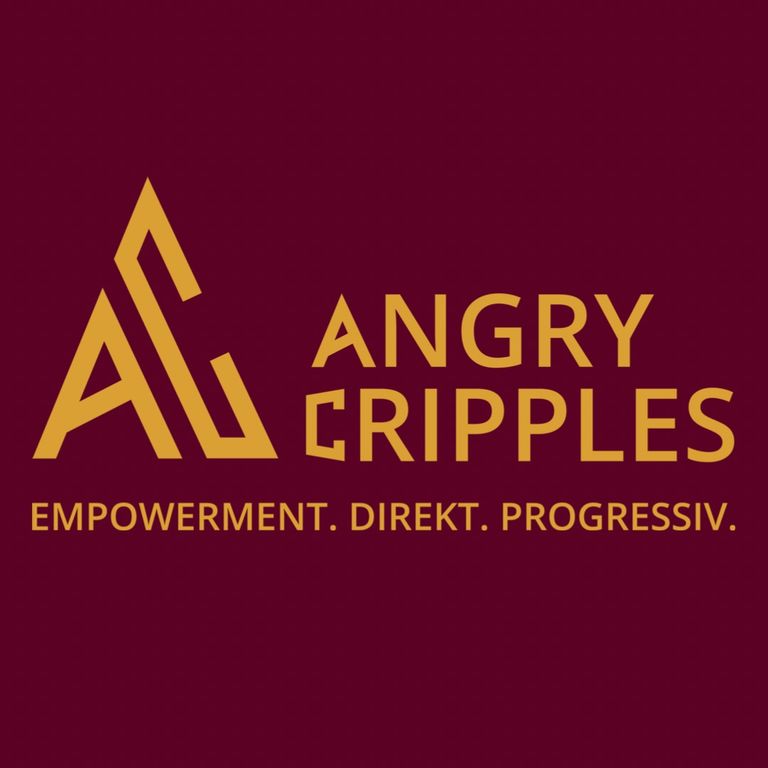 Roter Hintergrund mit dem gelben Logo der Angry Cripples darauf. Darunter steht: Empowerment. Direkt. Progressiv.